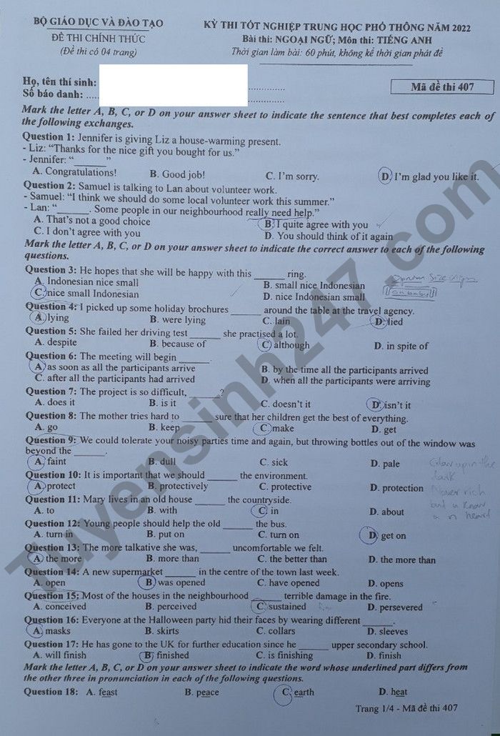 Đáp án đề thi môn tiếng Anh mã đề 407 kỳ thi THPT Quốc gia 2022 - Ảnh 2