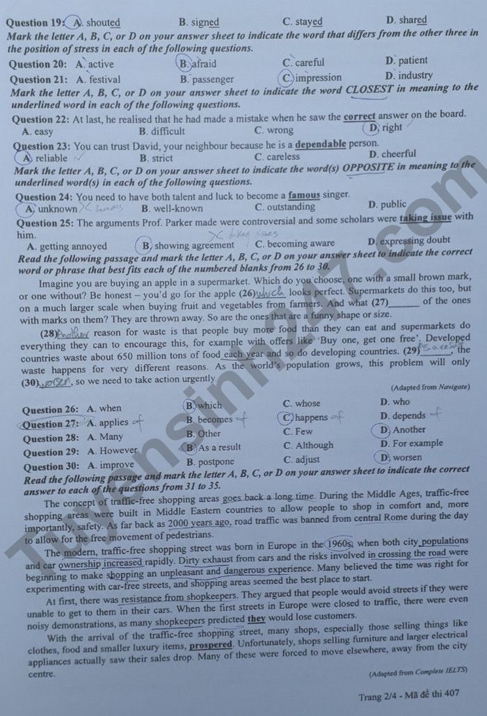 Đáp án đề thi môn tiếng Anh mã đề 407 kỳ thi THPT Quốc gia 2022 - Ảnh 1