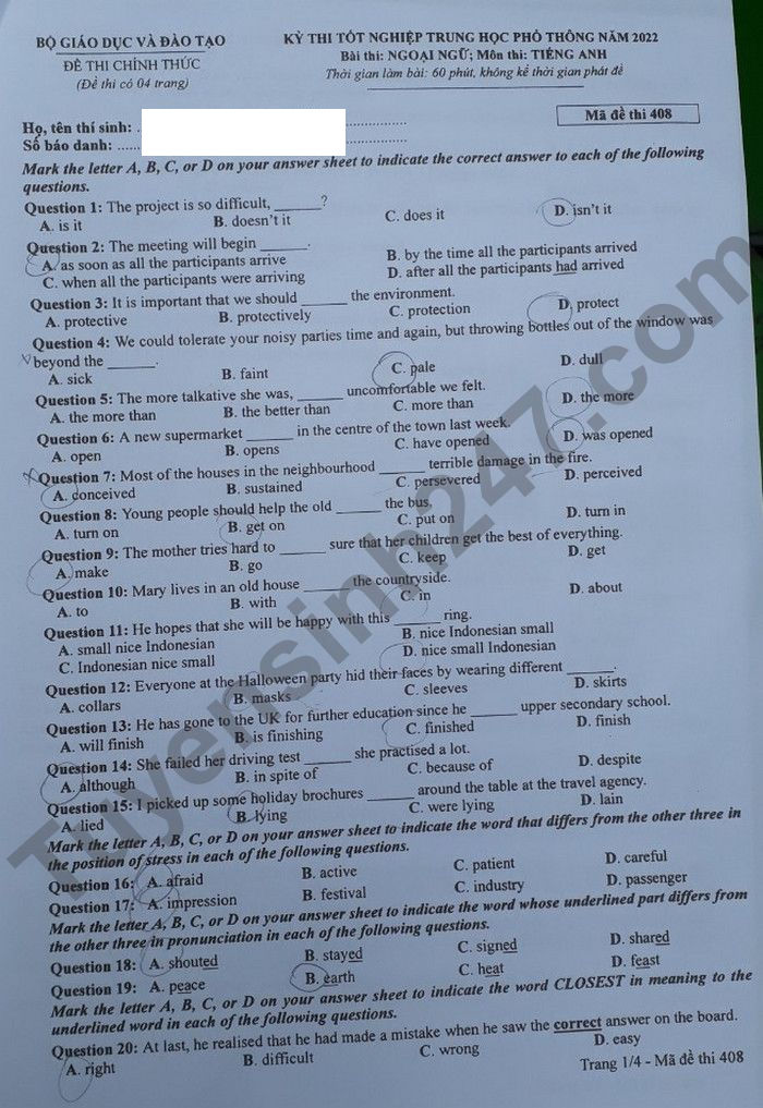 Đáp án đề thi môn tiếng Anh mã đề 408 kỳ thi THPT Quốc gia 2022 - Ảnh 1