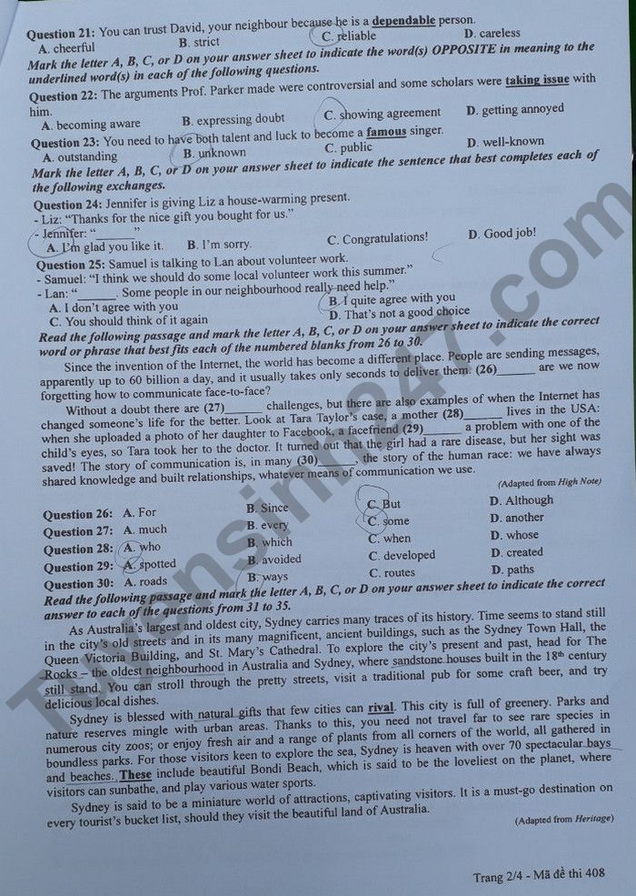 Đáp án đề thi môn tiếng Anh mã đề 408 kỳ thi THPT Quốc gia 2022 - Ảnh 1