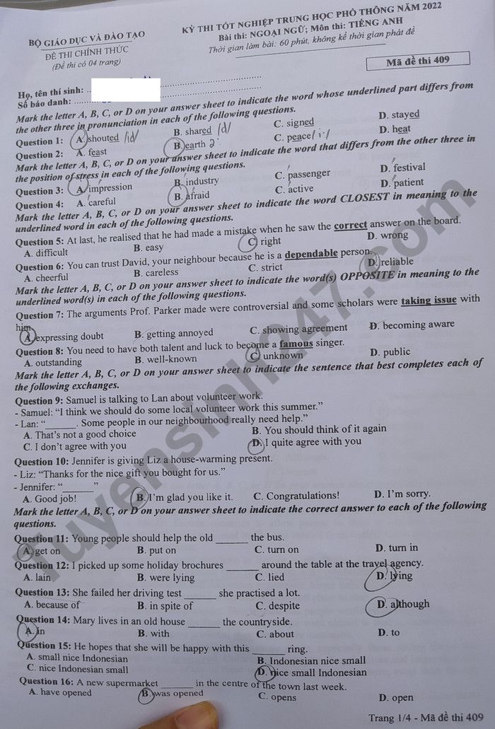 Đáp án đề thi môn tiếng Anh mã đề 409 kỳ thi THPT Quốc gia 2022 - Ảnh 1