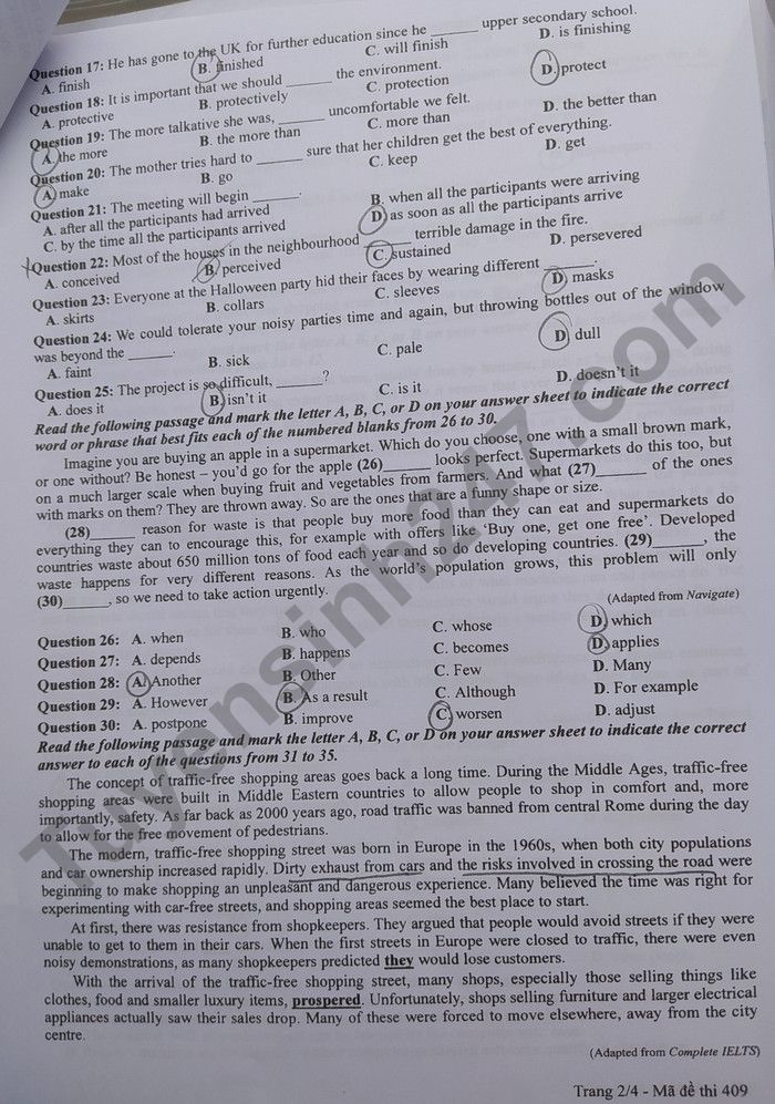 Đáp án đề thi môn tiếng Anh mã đề 409 kỳ thi THPT Quốc gia 2022 - Ảnh 1