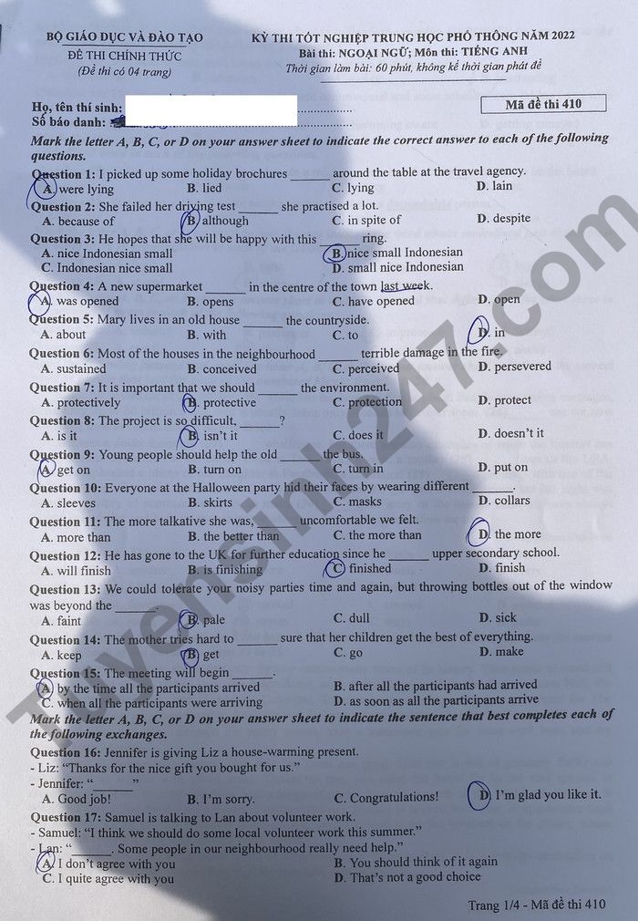 Đáp án đề thi môn tiếng Anh mã đề 410 kỳ thi THPT Quốc gia 2022 - Ảnh 2