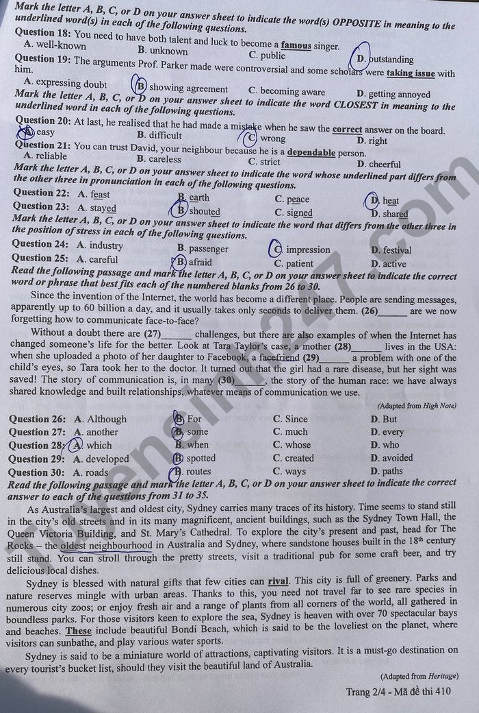 Đáp án đề thi môn tiếng Anh mã đề 410 kỳ thi THPT Quốc gia 2022 - Ảnh 3