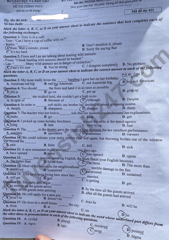 Đáp án đề thi môn tiếng Anh mã đề 411 kỳ thi THPT Quốc gia 2022 - Ảnh 1