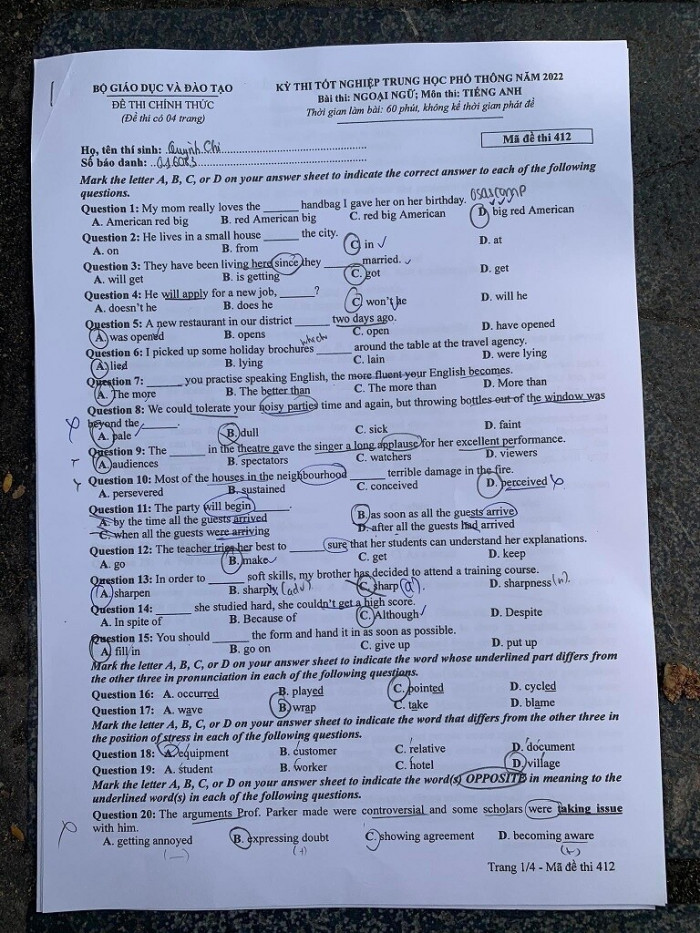 Đáp án đề thi môn tiếng Anh mã đề 412 kỳ thi THPT Quốc gia 2022 - Ảnh 1
