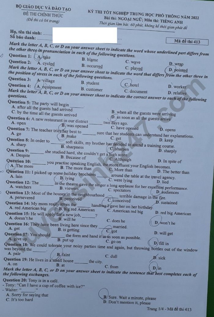 Đáp án đề thi môn tiếng Anh mã đề 413 kỳ thi THPT Quốc gia 2022 - Ảnh 1