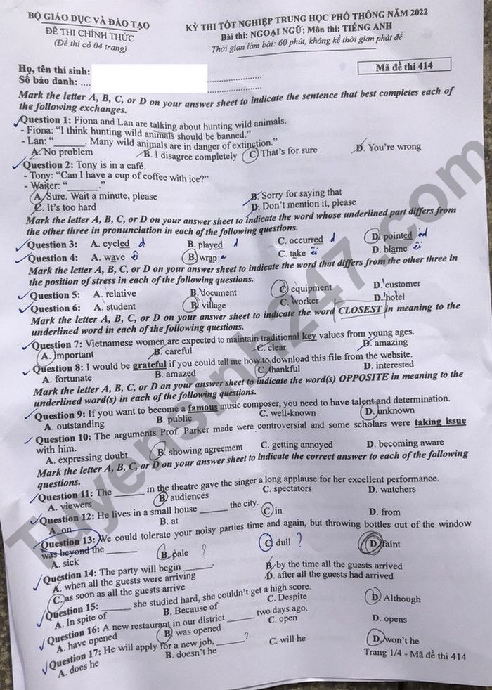 Đáp án đề thi môn tiếng Anh mã đề 414 kỳ thi THPT Quốc gia 2022 - Ảnh 1