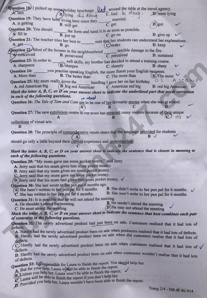Đáp án đề thi môn tiếng Anh mã đề 414 kỳ thi THPT Quốc gia 2022 - Ảnh 1