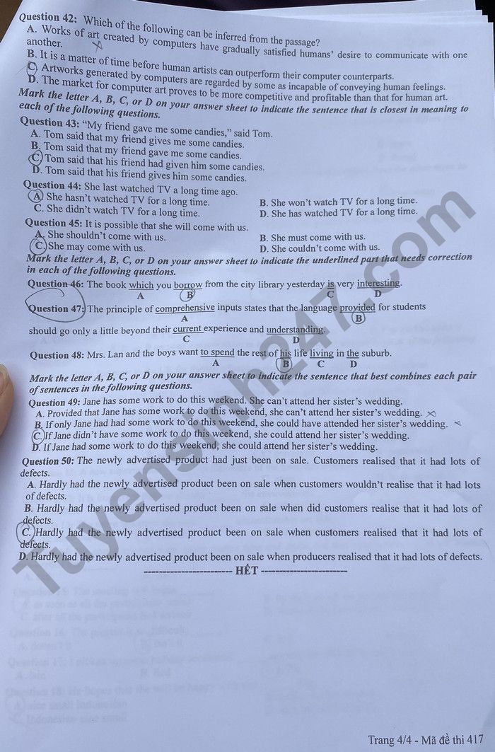 Đáp án đề thi môn tiếng Anh mã đề 417 kỳ thi THPT Quốc gia 2022 - Ảnh 1