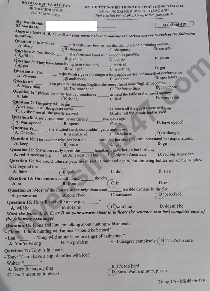 Đáp án đề thi môn tiếng Anh mã đề 419 kỳ thi THPT Quốc gia 2022 - Ảnh 1