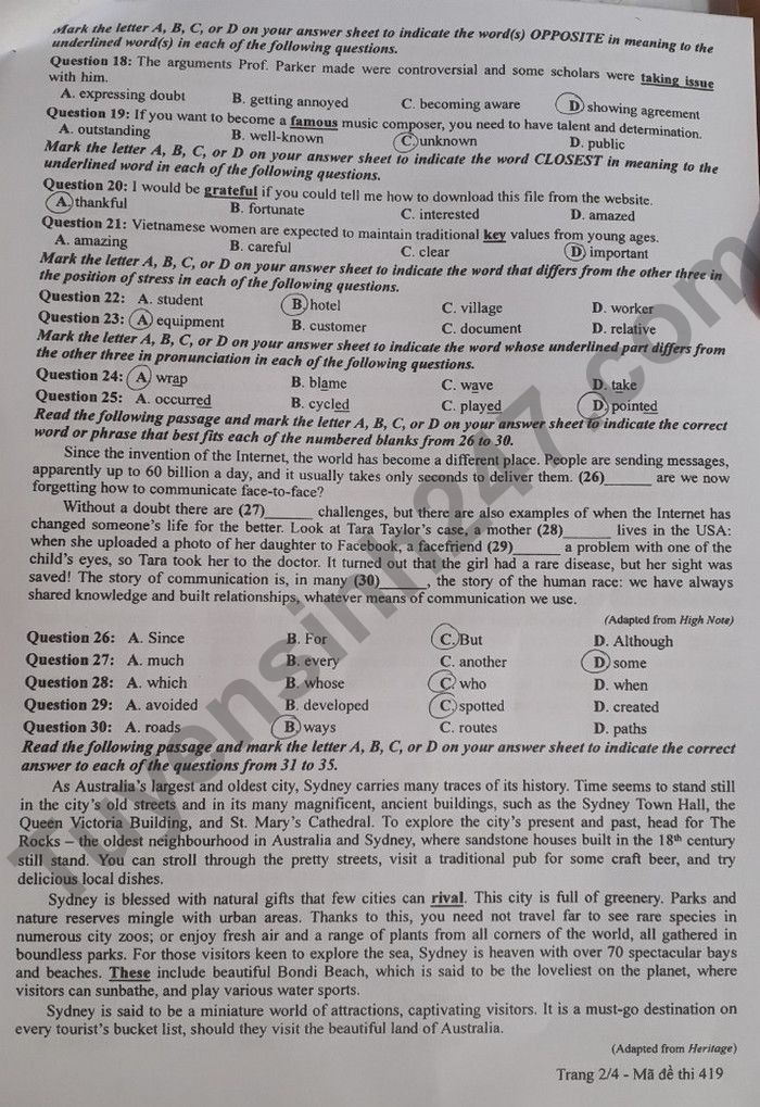 Đáp án đề thi môn tiếng Anh mã đề 419 kỳ thi THPT Quốc gia 2022 - Ảnh 2
