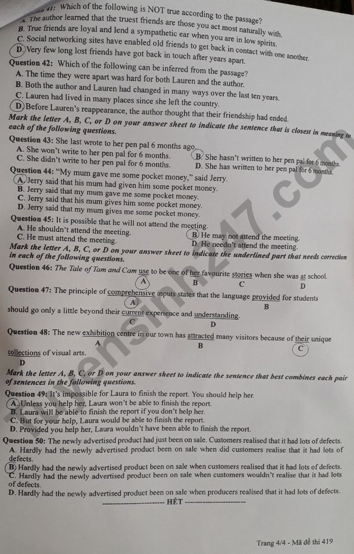 Đáp án đề thi môn tiếng Anh mã đề 419 kỳ thi THPT Quốc gia 2022 - Ảnh 1