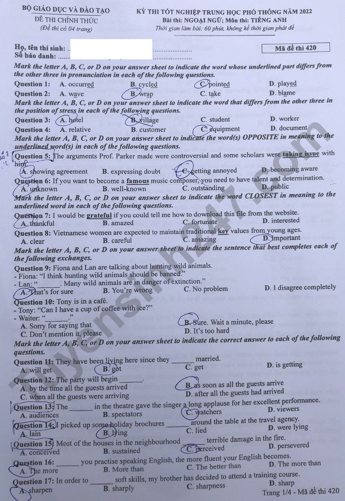 Đáp án đề thi môn tiếng Anh mã đề 420 kỳ thi THPT Quốc gia 2022 - Ảnh 1