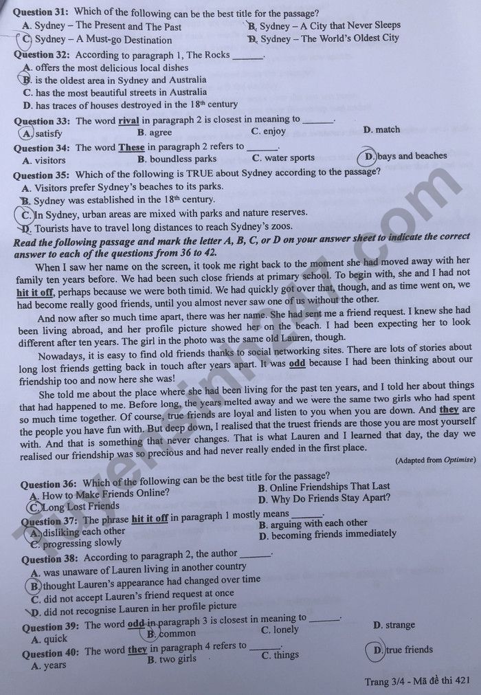 Đáp án đề thi môn tiếng Anh mã đề 421 kỳ thi THPT Quốc gia 2022 - Ảnh 1
