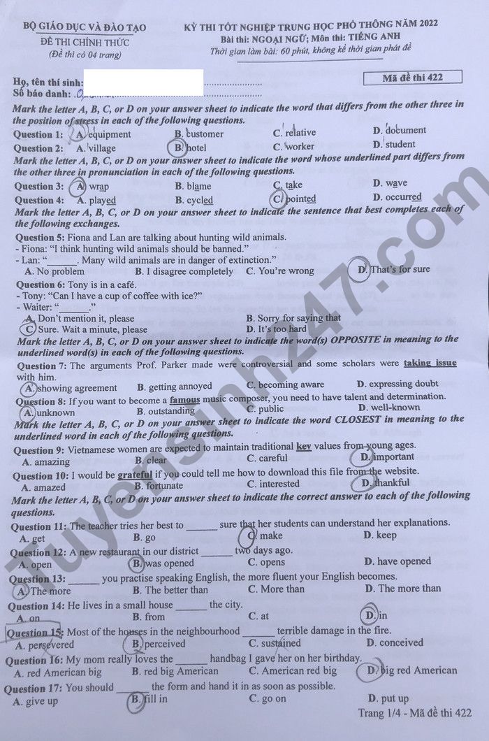 Đáp án đề thi môn tiếng Anh mã đề 422 kỳ thi THPT Quốc gia 2022 - Ảnh 2