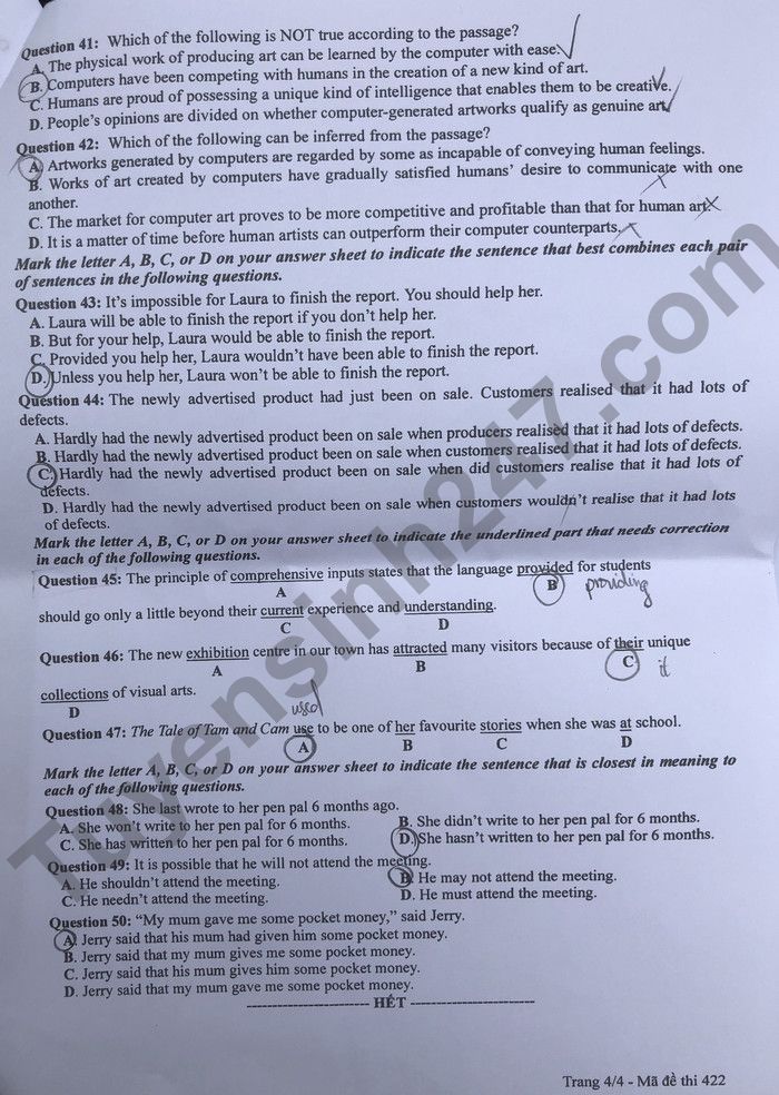 Đáp án đề thi môn tiếng Anh mã đề 422 kỳ thi THPT Quốc gia 2022 - Ảnh 5