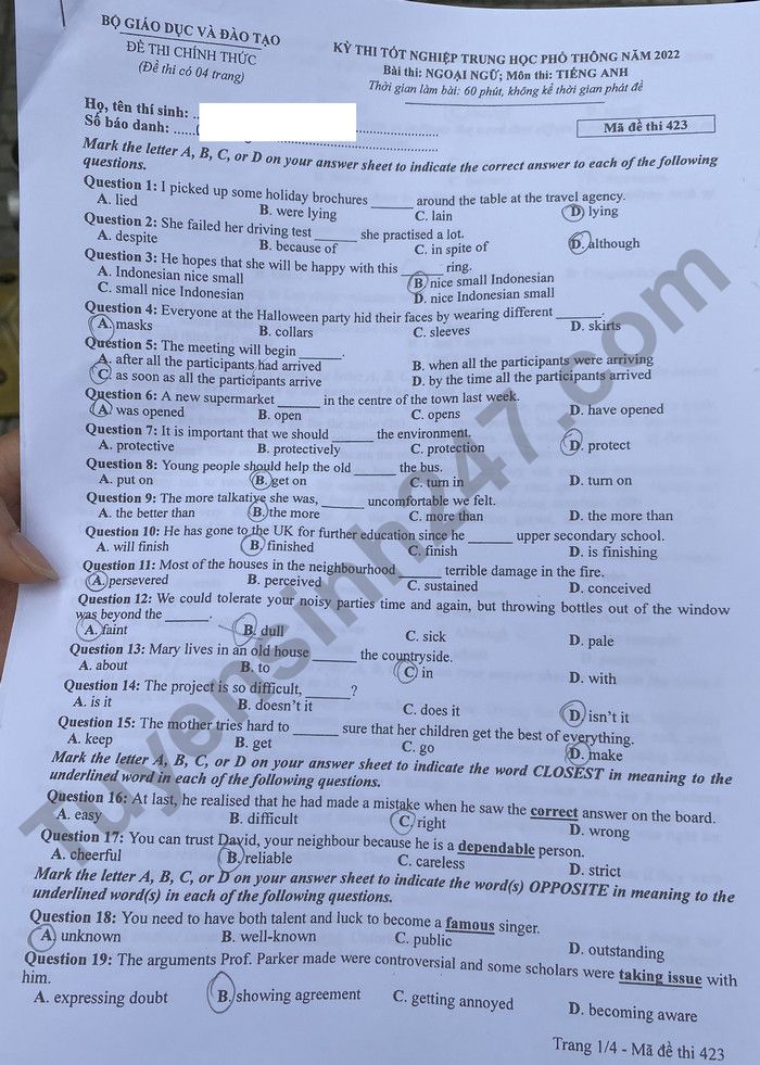 Đáp án đề thi môn tiếng Anh mã đề 423 kỳ thi THPT Quốc gia 2022 - Ảnh 1