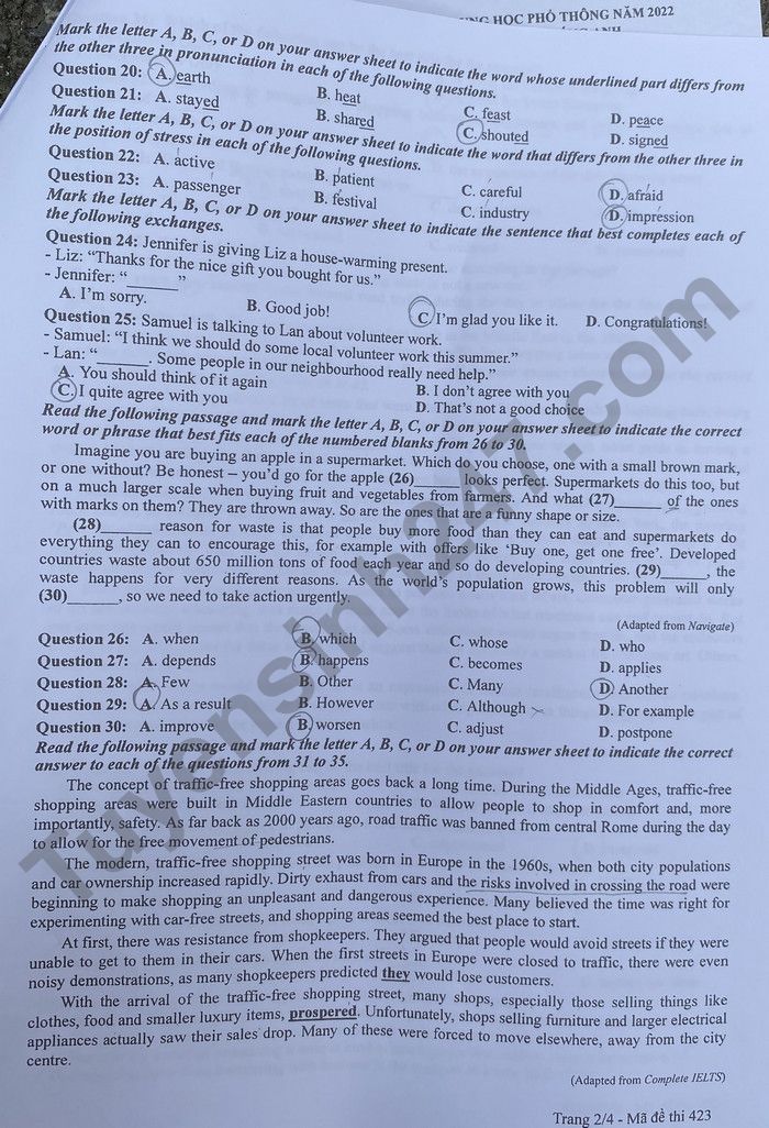 Đáp án đề thi môn tiếng Anh mã đề 423 kỳ thi THPT Quốc gia 2022 - Ảnh 1