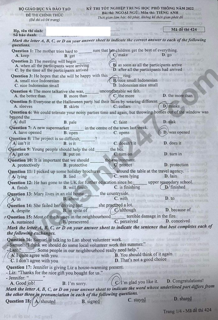 Đáp án đề thi môn tiếng Anh mã đề 424 kỳ thi THPT Quốc gia 2022 - Ảnh 1