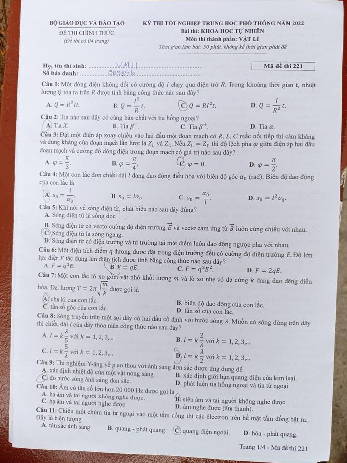 Đáp án đề thi môn Vật lý mã đề 214 kỳ thi tốt nghiệp THPT 2022 - Ảnh 1