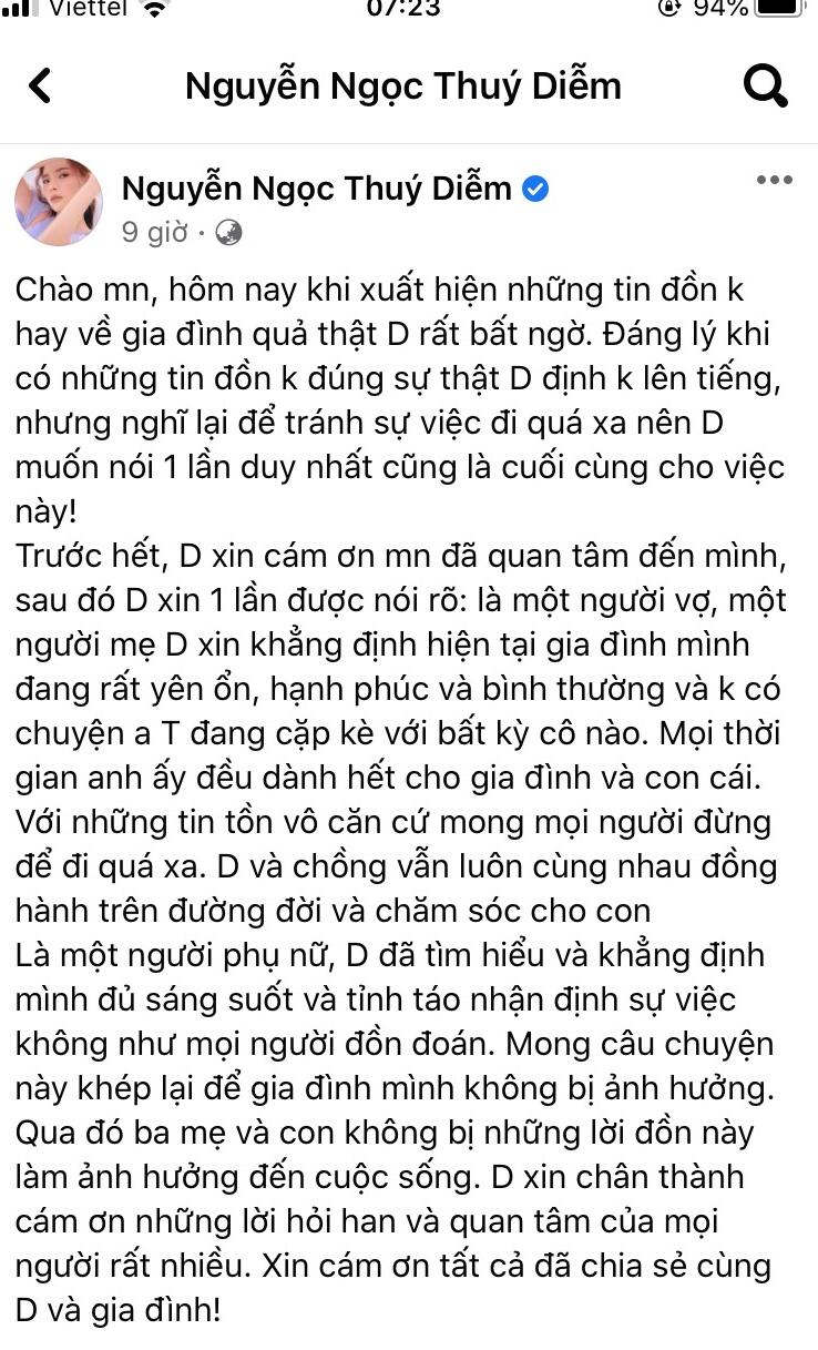 Thúy Diễm đăng ảnh gia đình ba người hạnh phúc, phủ nhận thông tin chồng 