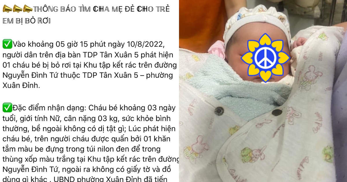 Bé gái 3 ngày tuổi khỏe mạnh, bụ bẫm bị bỏ rơi trên bãi rác ở Hà Nội