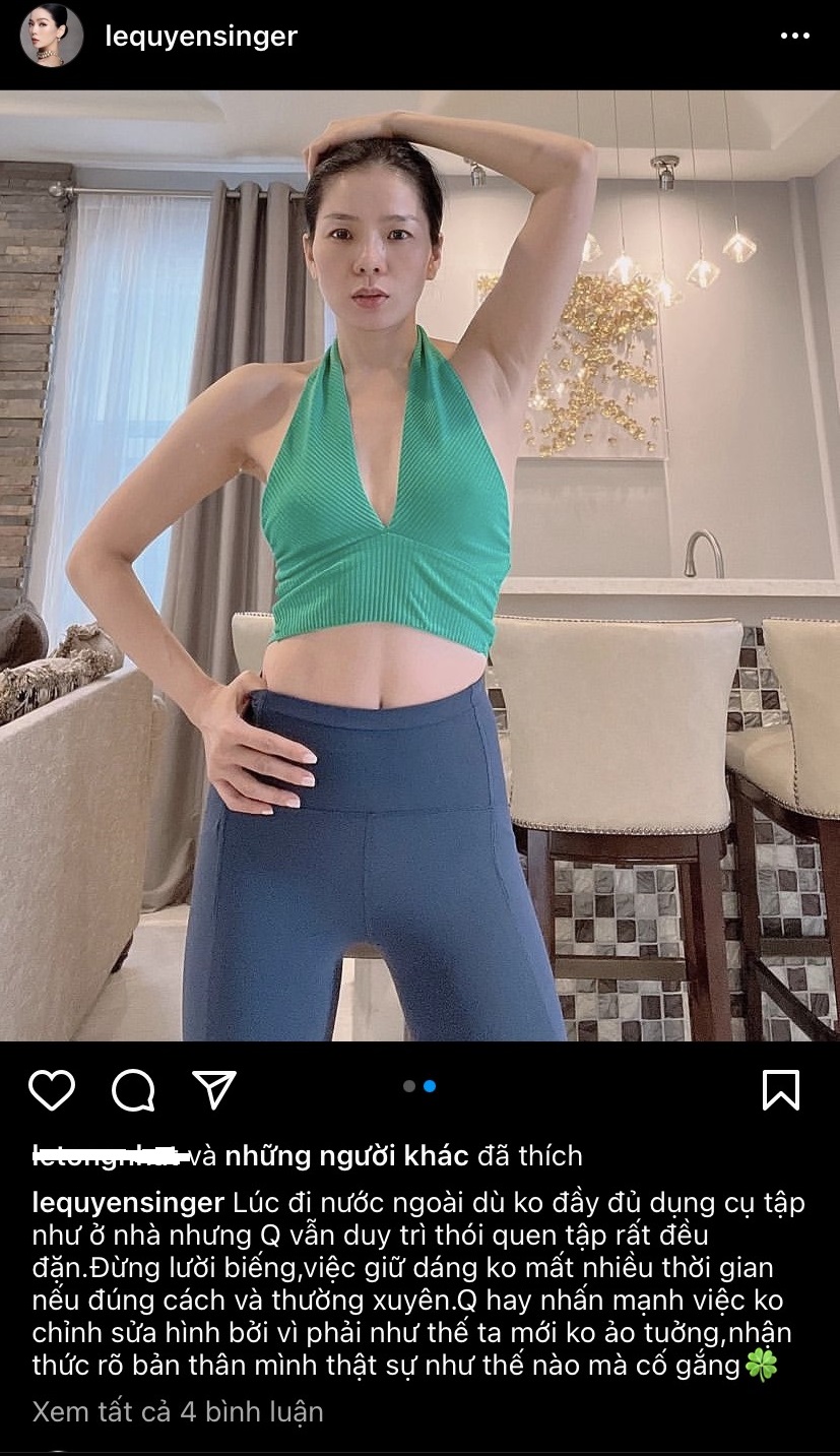 Lệ Quyên tập luyện giữ dáng kể cả khi đi nước ngoài, không có đủ dụng cụ tập luyện - Ảnh 1