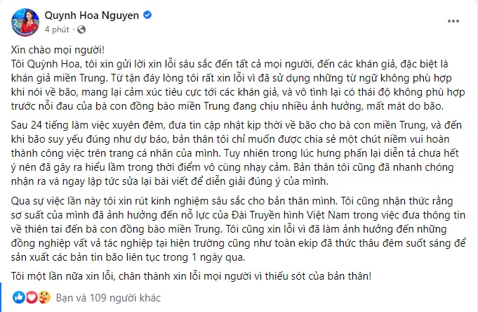 BTV Quỳnh Hoa lên tiếng xin lỗi hậu phát ngôn vạ miệng 