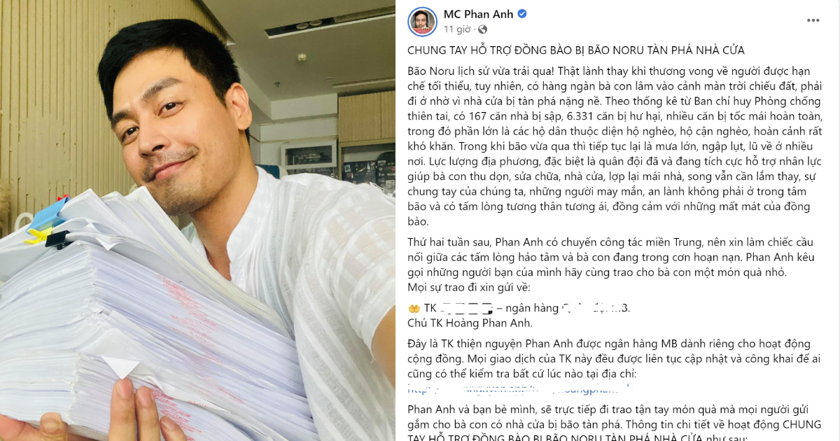 MC Phan Anh kêu gọi từ thiện miền Trung, nhắn nhủ bạn bè không đôi co vói những bình luận tiêu cực