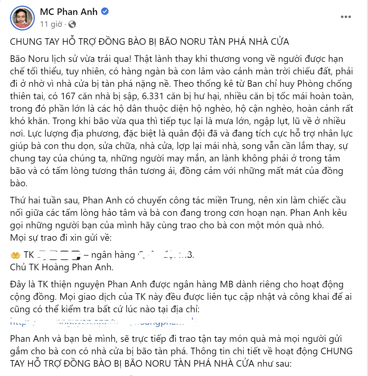 MC Phan Anh kêu gọi từ thiện miền Trung, nhắn nhủ bạn bè không đôi co vói những bình luận tiêu cực - Ảnh 1