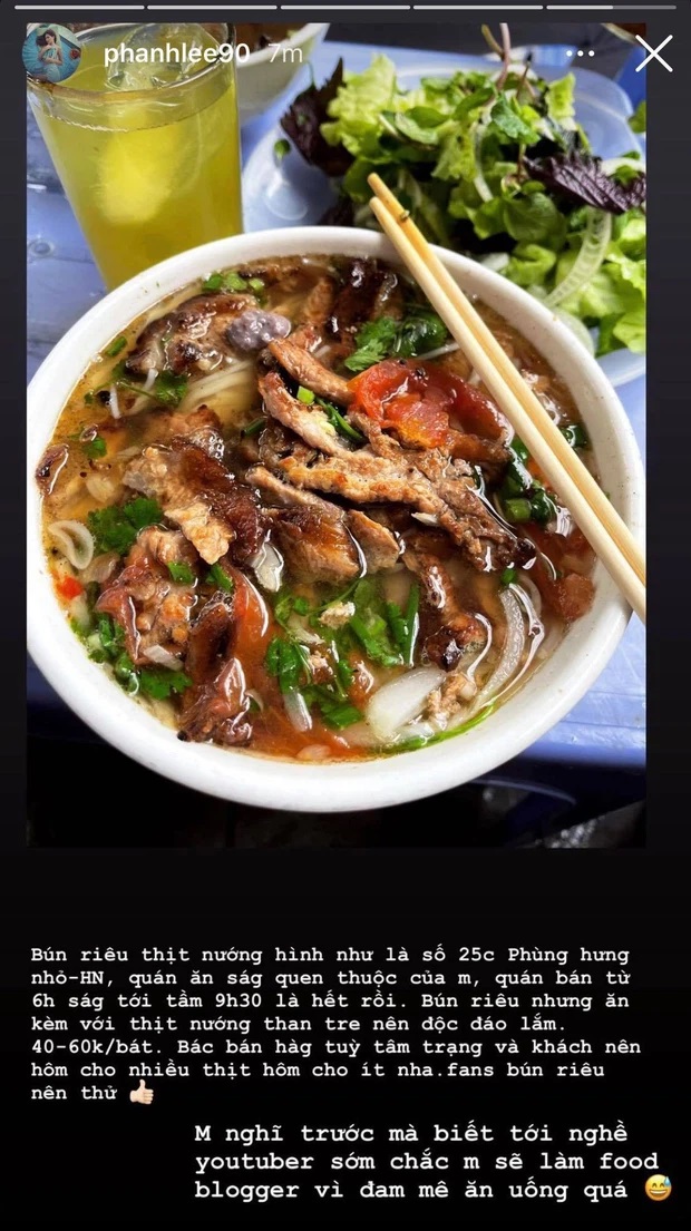 Nàng dâu hào môn Phanh Lee đã giới thiệu món bún riêu thịt nướng trên instagram của mình.