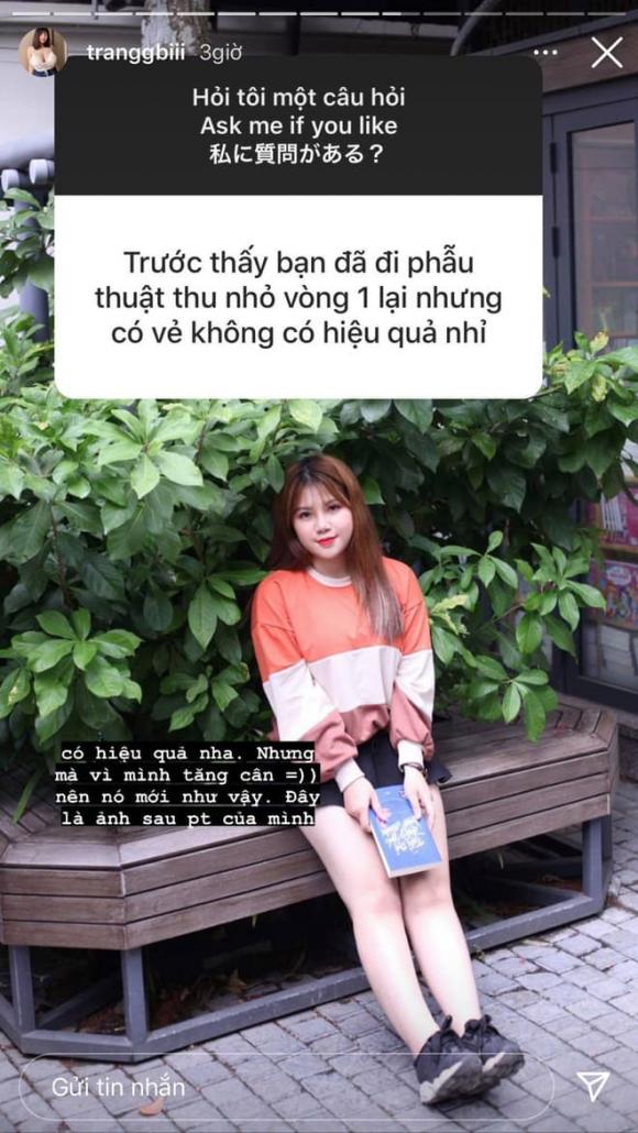 Lý do vòng 1 hồi lại như ban đầu vì cô nàng tăng cân. Thu Trang đưa ra hình ảnh lúc mới phẫu thuật để chứng minh việc phẫu thuật có hiệu quả.