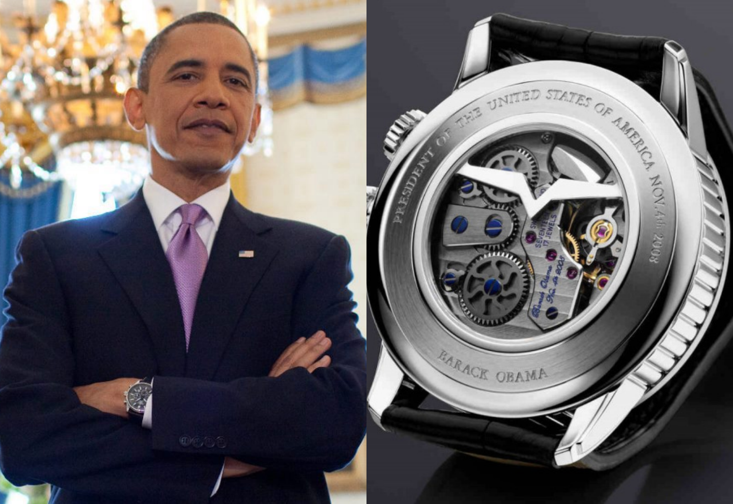 Quanh mặt đồng hồ Anniversary Heart Automatic dành riêng cho Obama còn có dòng chữ 'Barack Obama - President of the United States of America Nov.4th,2008'
