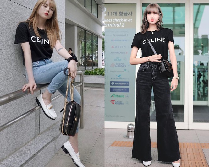Từng được khen ngợi là Lisa (BLACKPINK) phiên bản Việt, Thiều Bảo Trâm diện mẫu áo thun Celine basic giống main dancer của nhóm nhưng cô nàng đã biết cách làm cho bản thân khác biệt khi phối cùng quần skinny jeans và đi giày Tây. 