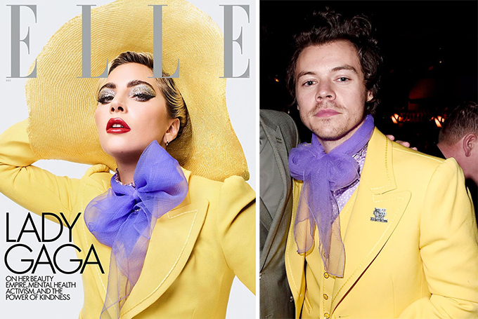 Nam diễn viên quàng khăn voan màu tím khi phối cùng suit màu vàng, công thức phối đồ này từng được Lady Gaga diện trên tạp chí Elle.
