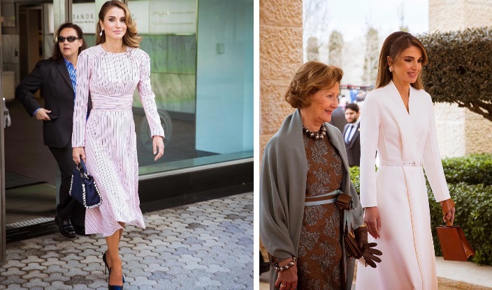 Phong cách thời trang của hoàng hậu Jordan luôn gắn liền với những thiết kế váy midi thắt eo quen thuộc
