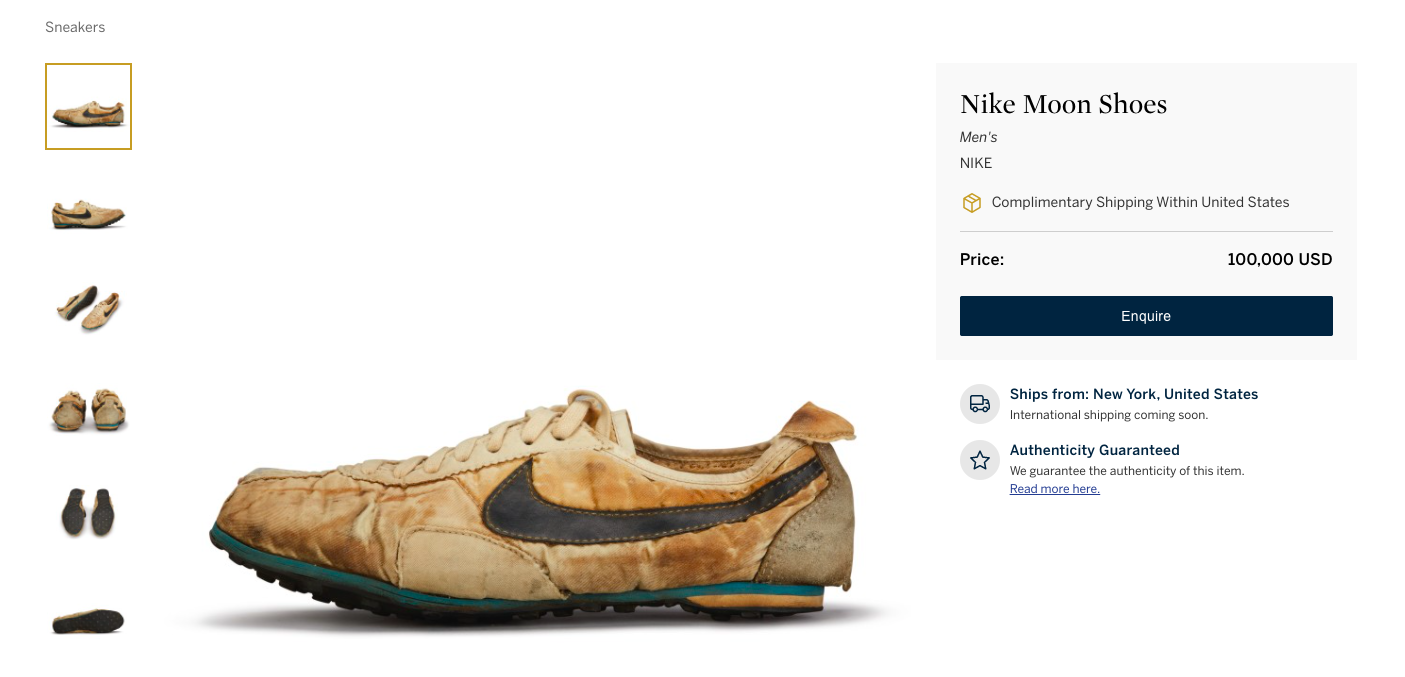 Nike 'Moon Shoes' đang có giá niêm yết trên Sotheby's là 100,000 USD.