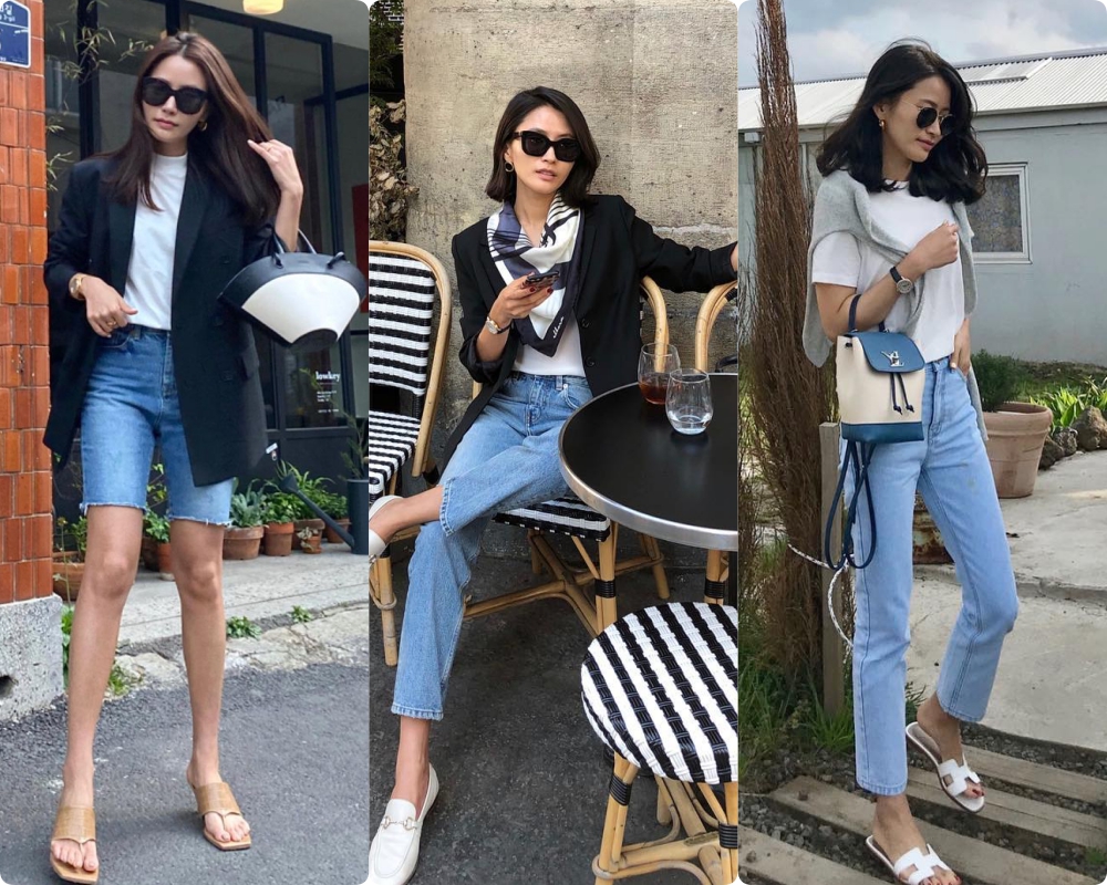 Blogger Hàn đặc biệt yêu thích quần jeans. Cô nàng không bỏ qua bất cứ dáng quần nào từ baggy, lưng cao đến cả quần short. Đây mới chính là tinh thần thời trang phóng khoáng đúng chuẩn gái Pháp.