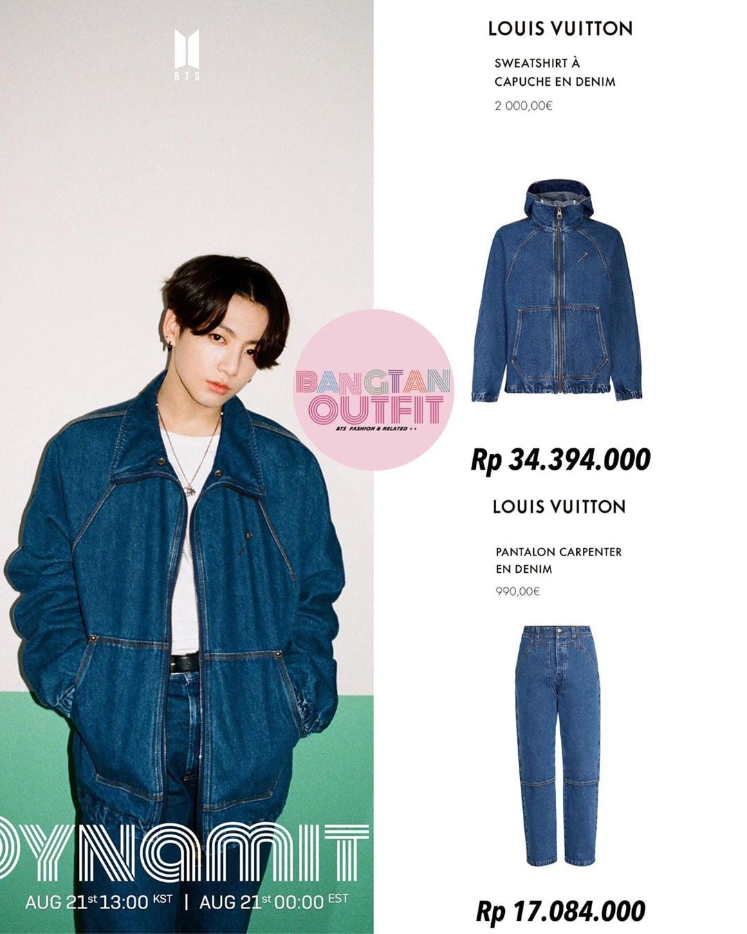 Jungkook trong thiết kế áo denim jecket và quần jeans của Louis Vuitton. Đây là outfits trong một phân cảnh MV Dynamite của nhóm.