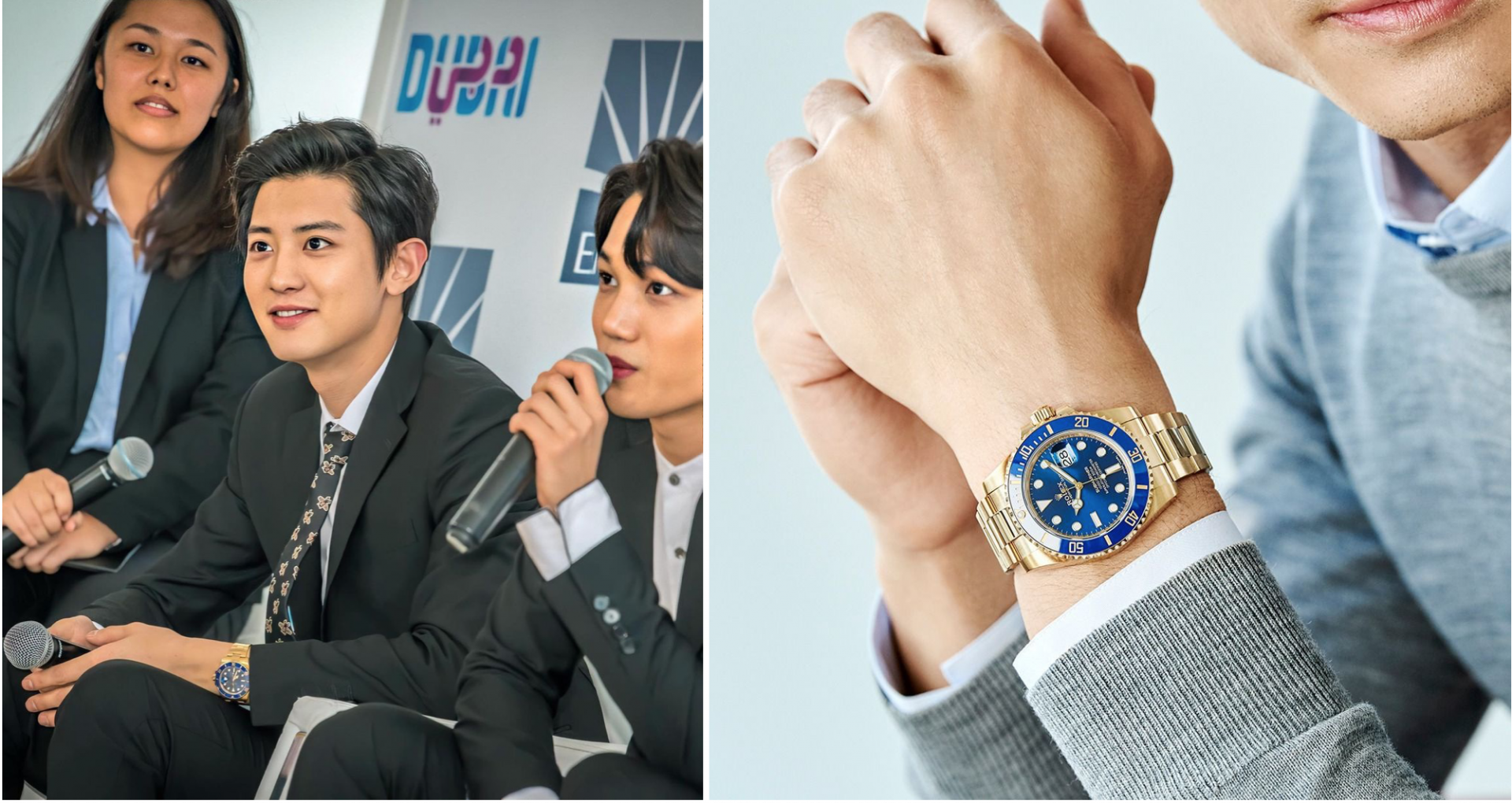 Chiếc đồng hồ Rolex Submariner được làm bằng vàng như làm tăng thêm sự lịch lãm, sang trọng cho trưởng nhóm Chanyeol (EXO) trong trang phục vest. Giá của mẫu phụ kiện là 34,250 USD (khoảng 790 triệu đồng).