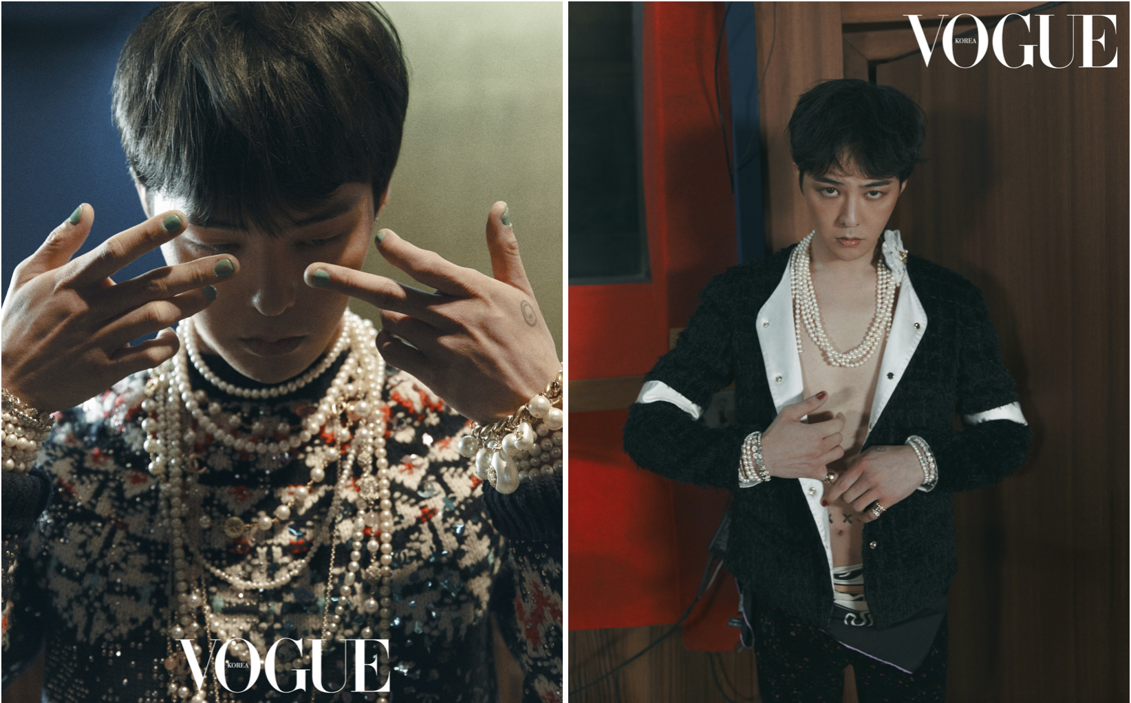 G-Dragon xuất hiện trên bìa Vouge, đeo nhiều phụ kiện trang sức ngọc trai, mang đến hình ảnh quyến rũ nhưng không kém phần nam tính.