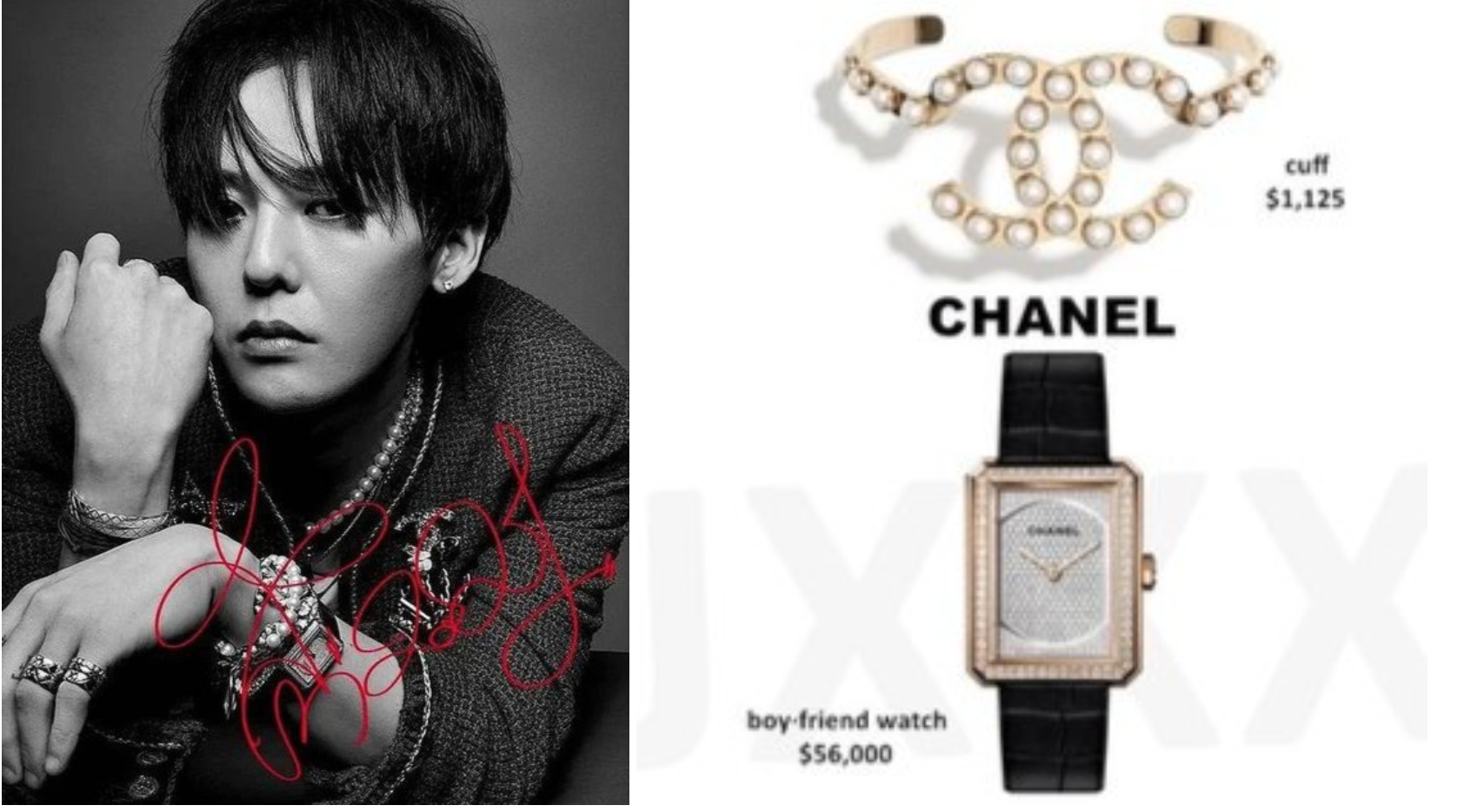 G-Dragon còn sáng tạo với nhiều phụ kiện cho tay khác như đồng hổ để tạo điểm nhấn nổi bật. Anh sử dụng nhiều phụ kiện đến từ thương hiệu Chanel, đồng hồ có gía 58.000 USD (1,3 tỷ đồng).