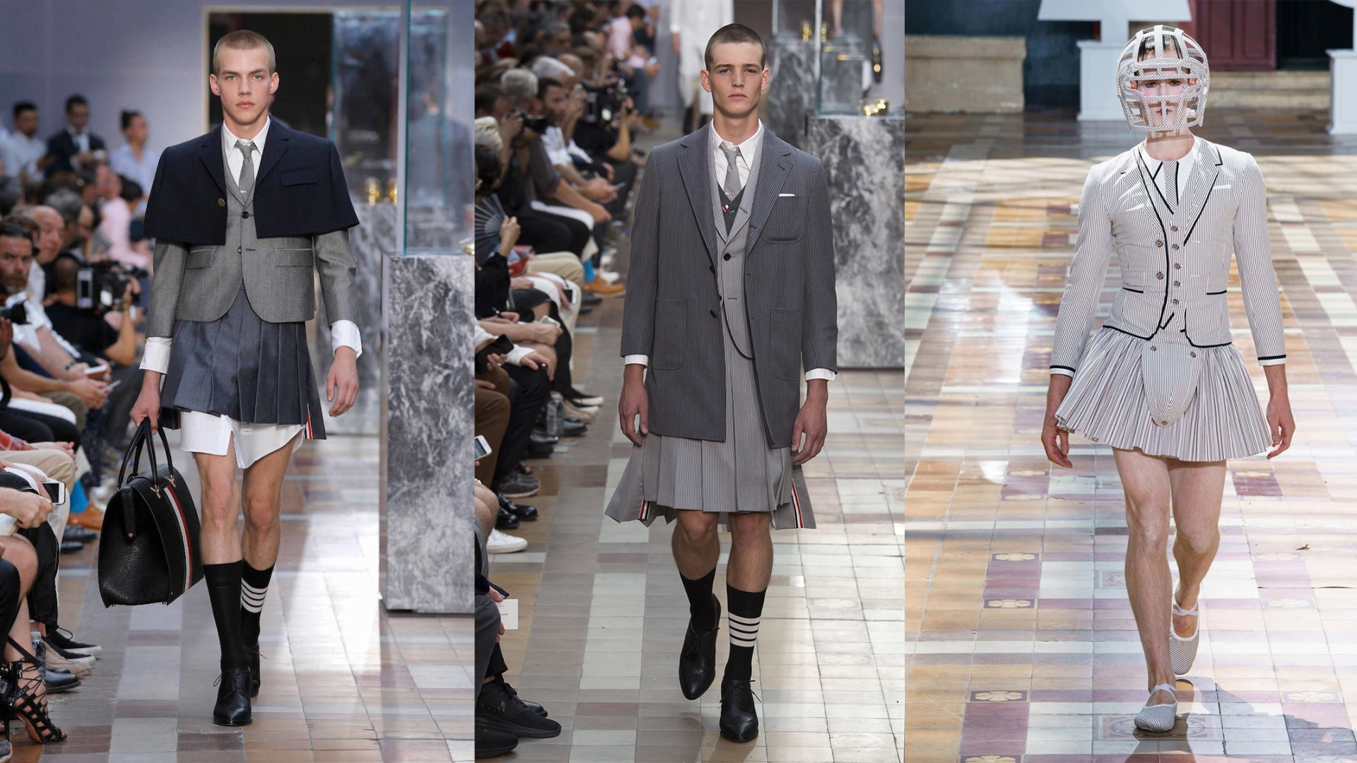 Thom Browne từng phối áo vest với chân váy xếp li tạo nên vẻ ngoài cá tính cho các người mẫu nam.