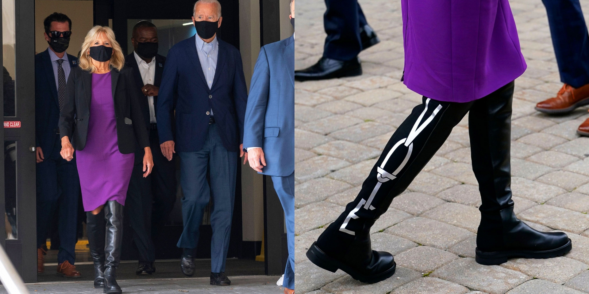 Trong chiến dịch tranh cử tổng thống, phu nhân từng gây ấn tượng với chiếc dầm màu tím, mang boots cổ cao có dòng chữ 'VOTE' đến từ thương hiệu Stuart Weitzman có giá 695 USD.