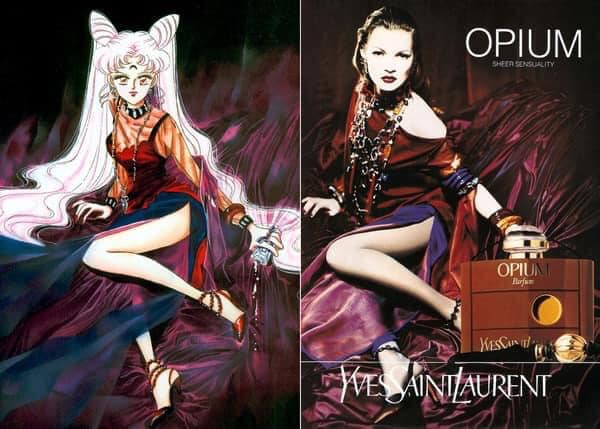 Không chỉ thời trang, Naoko Takeuchi còn sao y nguyên concept lẫn tư thế tạo dáng người mẫu trong chiến dịch quảng bá nước hoa Opium của YSL cho nhân vật Black Usagi khi bị viên pha lê đen chi phối.