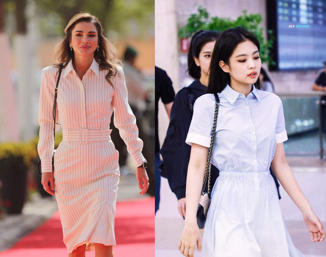 Hoàng hậu Jordan rất ưu tiên những kiểu dáng quần áo đơn giản, phong cách thường thấy ở sao Hàn Quốc. Chiếc đầm dáng sơ mi quen thuộc được nhấn nhá bằng chiếc thắt lưng giúp cô đạt được tỷ lệ cơ thể hoàn hảo. 