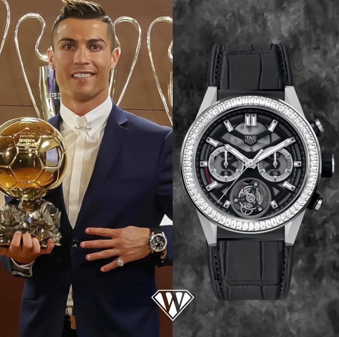 Ronaldo còn chứng minh sức hấp dẫn của mình đối với các hãng đồng hồ xa xỉ khi trở thành gương mặt đại diện cho thương hiệu TAG Heuer. Anh sở hữu thiết kế Carrera Milkro TourbillonS trị giá 200.000 USD (khoảng 4,5 tỷ đồng) với điểm nhấn 'CR7' được khắc trên đồng hồ dành riêng cho anh.