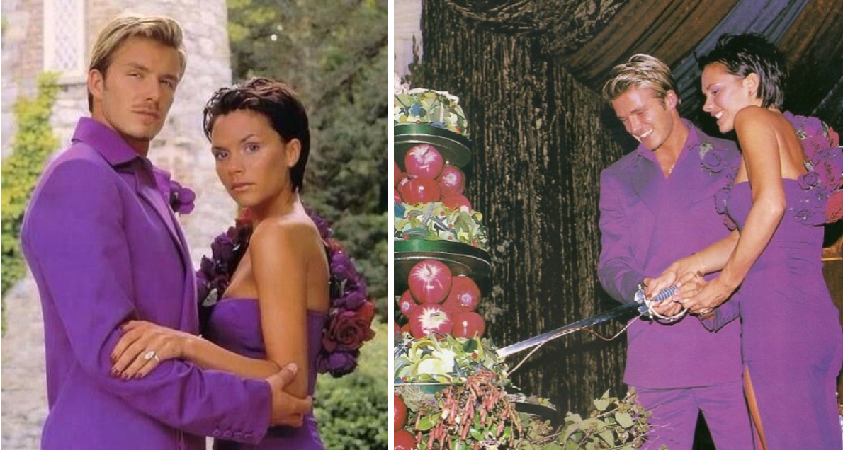 David Beckham từng chia sẻ hình ảnh ngày cưới của hai người. Cả hai đều quyết định lựa chọn tông tím cho màu sắc trang phục cưới. Màu tím tượng trưng cho sự sang trọng, thuỷ chung trong tình yêu.