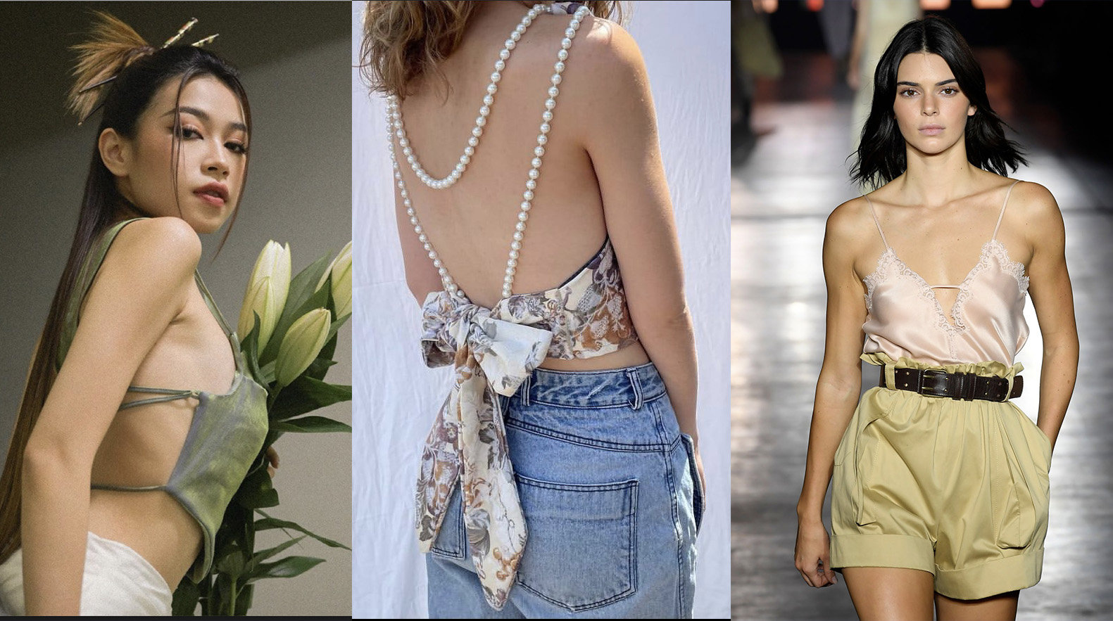 Áo hở lưng satin có thể điểm xuyến bằng những đường dây đan chéo hay cột nơ xinh xắn. Bạn cũng có thể 'hô biến' chiếc khăn turban khổ lớn thành áo hở lưng cúp ngực, thắt nơ phía sau thật quyến rũ.